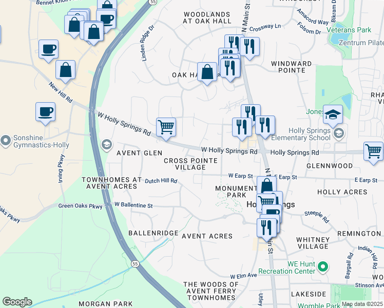 map of restaurants, bars, coffee shops, grocery stores, and more near 124 Cliffdale Road in Holly Springs