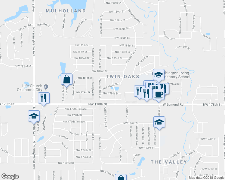 map of restaurants, bars, coffee shops, grocery stores, and more near 18005 Laurel Drive in Edmond