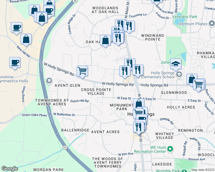 map of restaurants, bars, coffee shops, grocery stores, and more near 323 West Holly Springs Road in Holly Springs