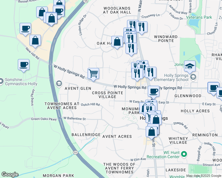 map of restaurants, bars, coffee shops, grocery stores, and more near 116 Cliffdale Road in Holly Springs