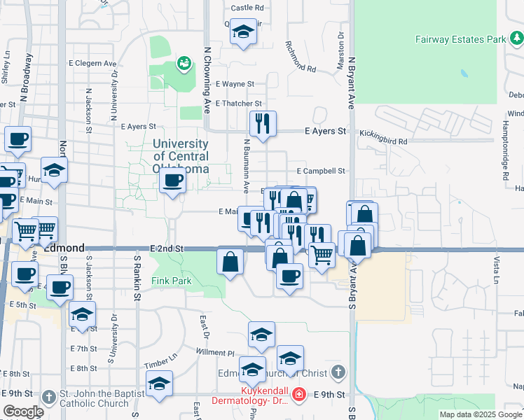 map of restaurants, bars, coffee shops, grocery stores, and more near 1105 East Main Street in Edmond