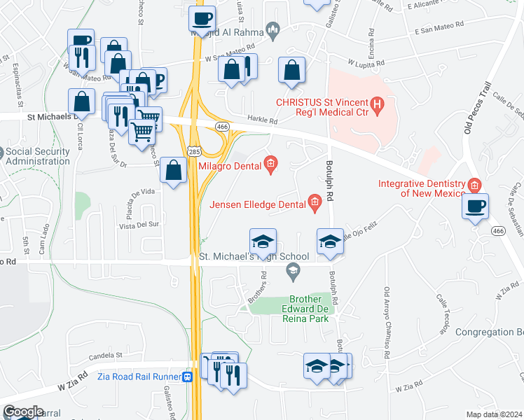 map of restaurants, bars, coffee shops, grocery stores, and more near 431 Brunn School Road in Santa Fe