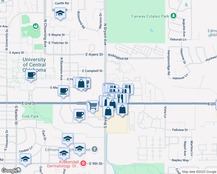 map of restaurants, bars, coffee shops, grocery stores, and more near 2 North Bryant Avenue in Edmond
