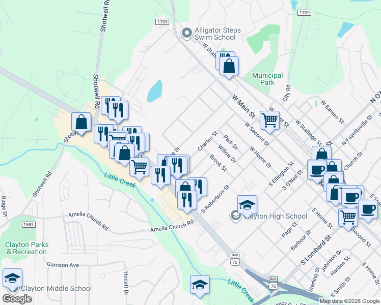 map of restaurants, bars, coffee shops, grocery stores, and more near 624-628 Charles Street in Clayton