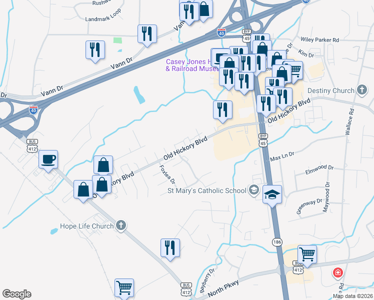 map of restaurants, bars, coffee shops, grocery stores, and more near 834 Old Hickory Boulevard in Jackson