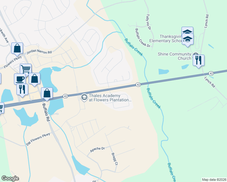map of restaurants, bars, coffee shops, grocery stores, and more near 75 Sweet Olive Street in Clayton