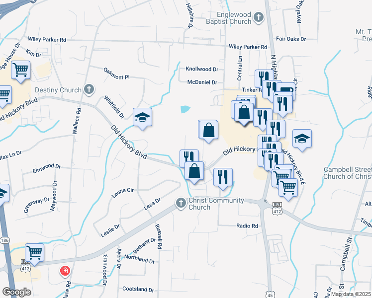 map of restaurants, bars, coffee shops, grocery stores, and more near 189 Old Hickory Boulevard in Jackson