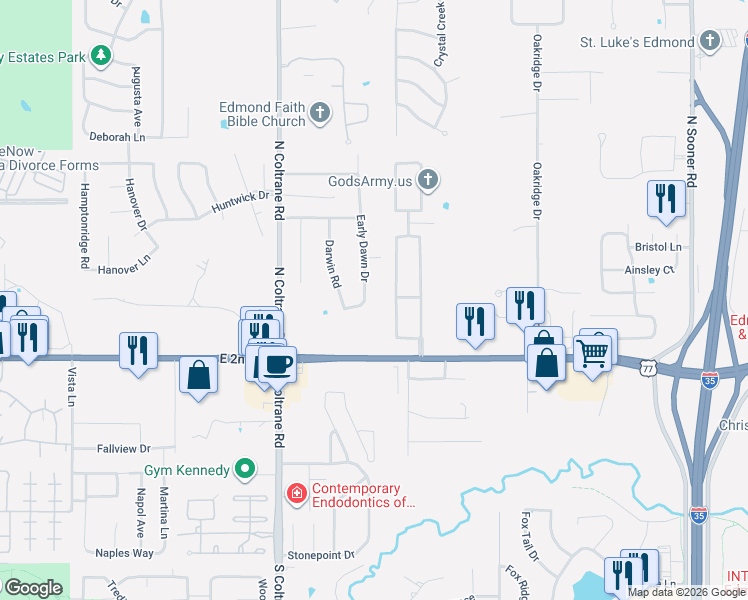 map of restaurants, bars, coffee shops, grocery stores, and more near 6 Early Dawn Drive in Edmond