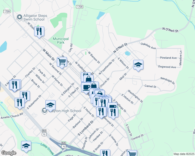 map of restaurants, bars, coffee shops, grocery stores, and more near 317 North Fayetteville Street in Clayton