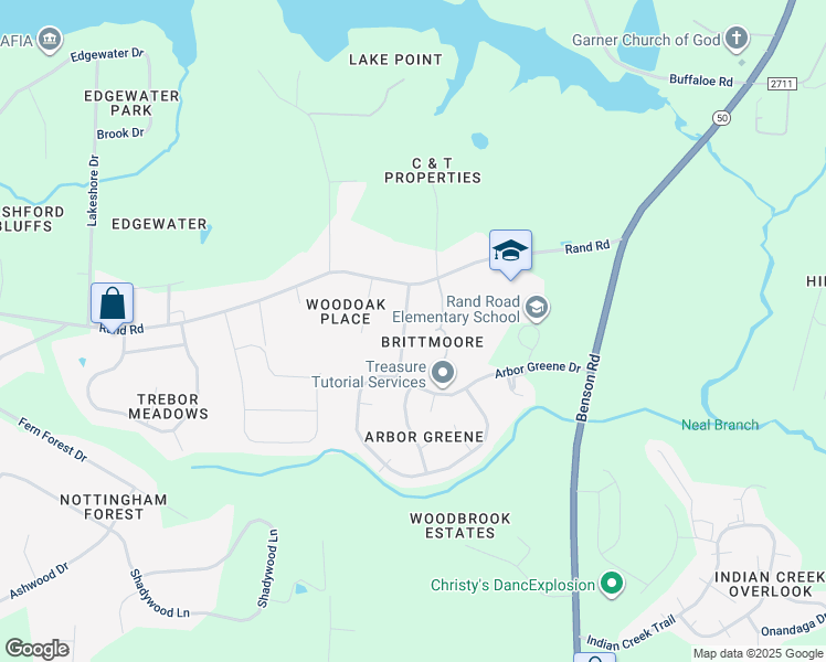 map of restaurants, bars, coffee shops, grocery stores, and more near 117 Verde Glen Drive in Garner