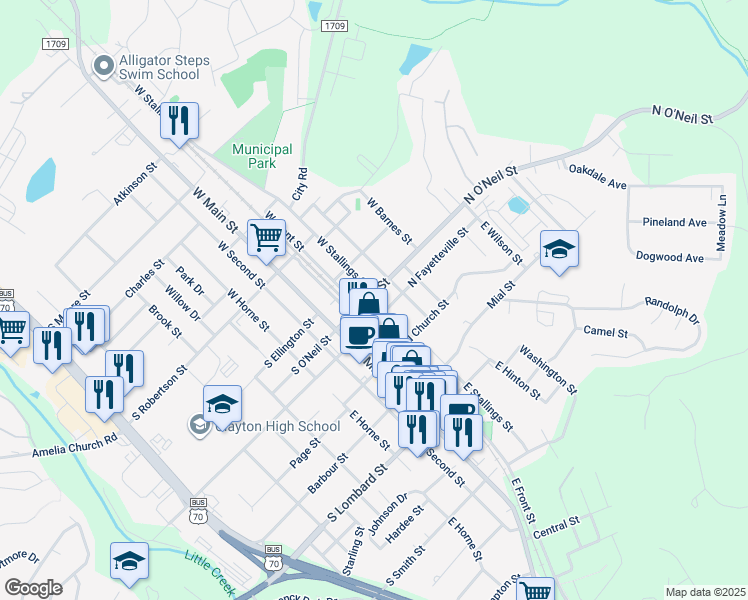 map of restaurants, bars, coffee shops, grocery stores, and more near 217 North O'Neil Street in Clayton