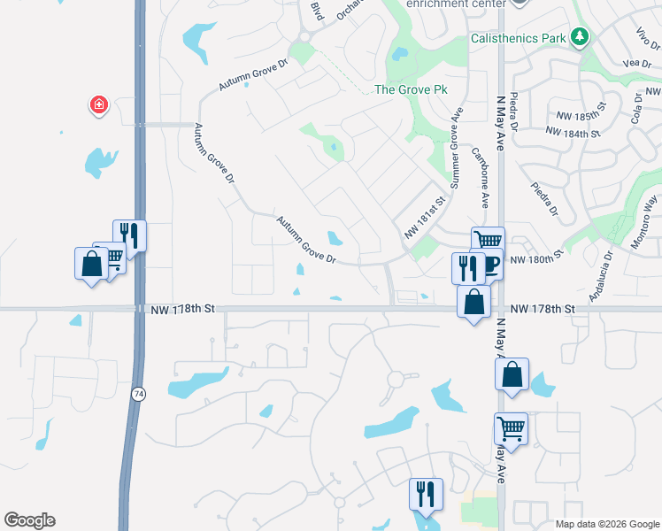 map of restaurants, bars, coffee shops, grocery stores, and more near 18117 Haslemere Lane in Edmond