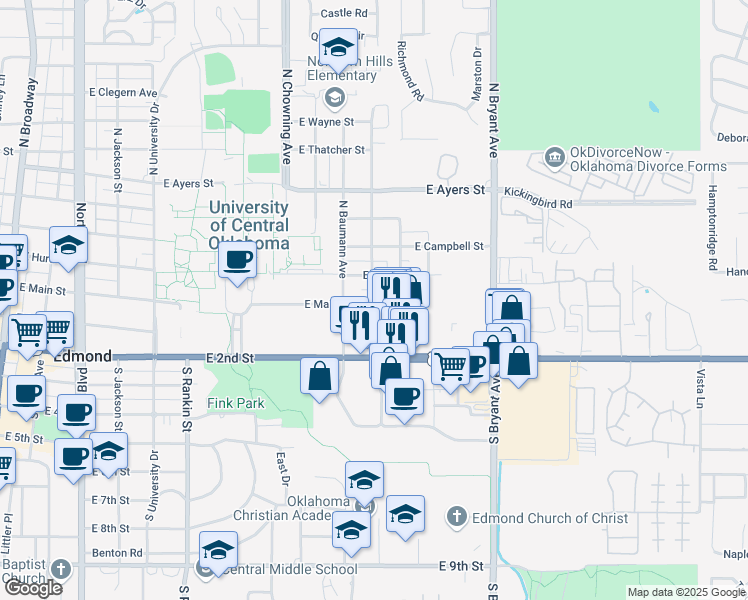 map of restaurants, bars, coffee shops, grocery stores, and more near 1105 East Main Street in Edmond