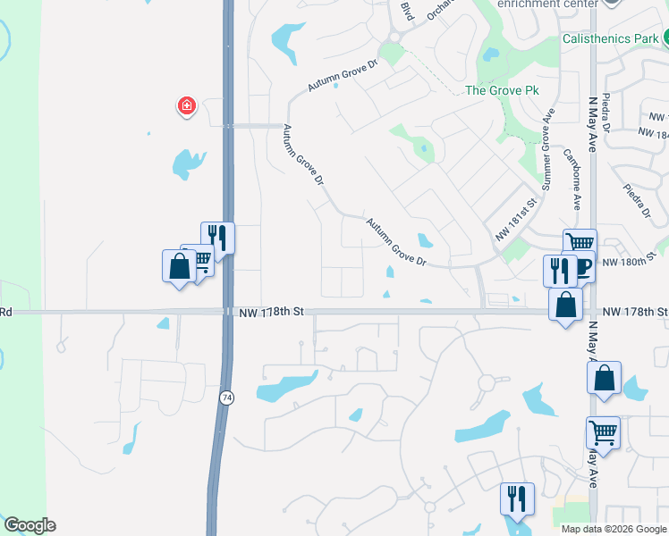 map of restaurants, bars, coffee shops, grocery stores, and more near 3408 Northwest 181st Street in Edmond