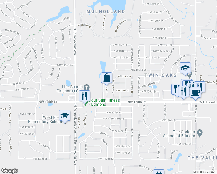map of restaurants, bars, coffee shops, grocery stores, and more near 18000 Arbor Ln in Edmond