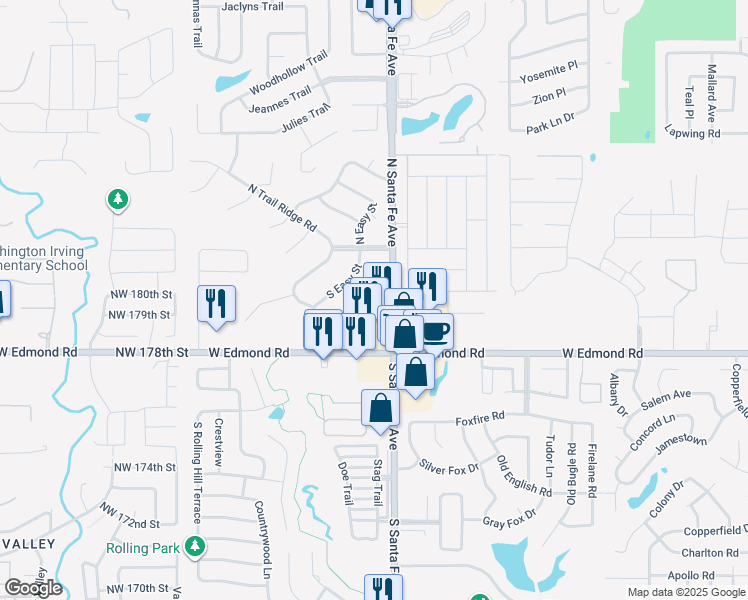 map of restaurants, bars, coffee shops, grocery stores, and more near 16 Coventry Court in Edmond