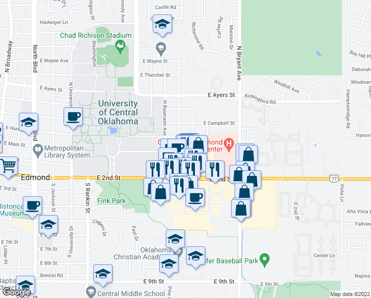 map of restaurants, bars, coffee shops, grocery stores, and more near 1117 East Main Street in Edmond