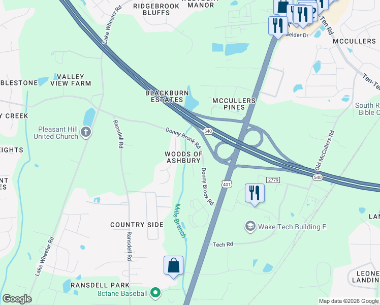 map of restaurants, bars, coffee shops, grocery stores, and more near 8808 Reigate Lane in Raleigh