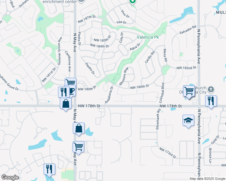 map of restaurants, bars, coffee shops, grocery stores, and more near 18020 Andalucia Drive in Edmond
