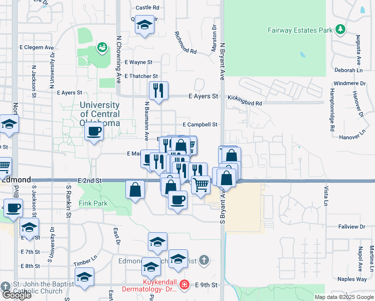 map of restaurants, bars, coffee shops, grocery stores, and more near 1217 East Main Street in Edmond