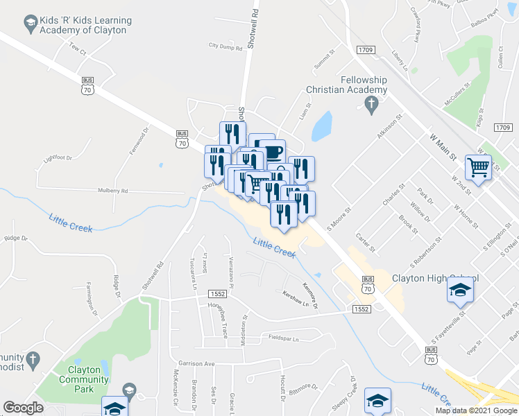 map of restaurants, bars, coffee shops, grocery stores, and more near 11711 U.S. 70 Business in Clayton