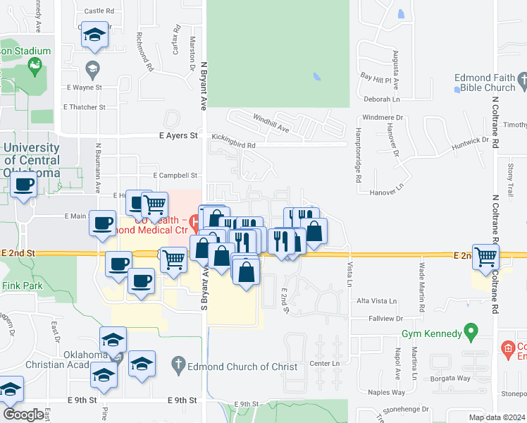map of restaurants, bars, coffee shops, grocery stores, and more near 1731 Pebble Terrace in Edmond