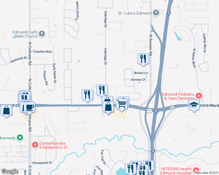 map of restaurants, bars, coffee shops, grocery stores, and more near 3808 Tambos Trail in Edmond