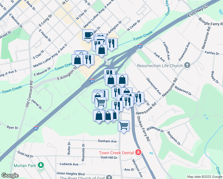 map of restaurants, bars, coffee shops, grocery stores, and more near 215 Bendix Drive in Salisbury