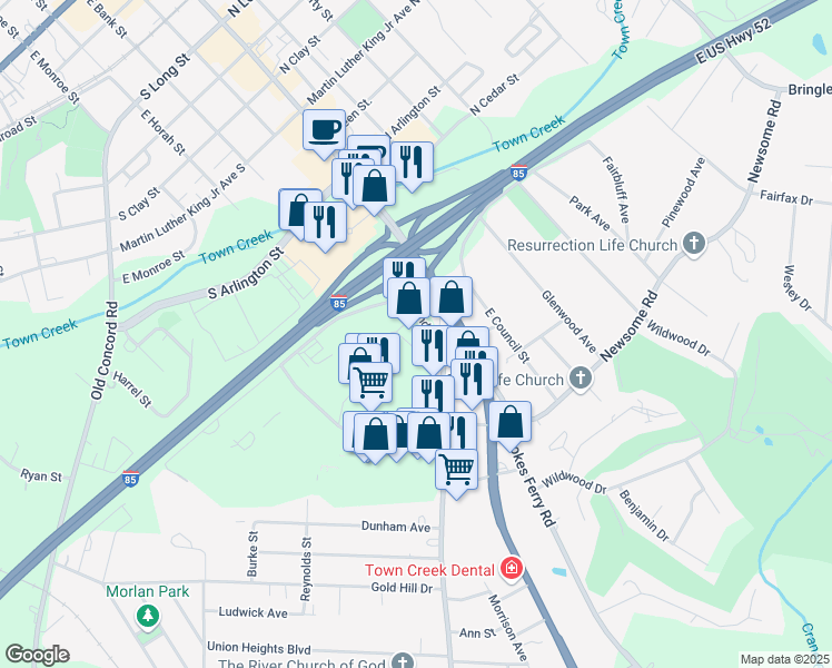 map of restaurants, bars, coffee shops, grocery stores, and more near 215 Bendix Drive in Salisbury