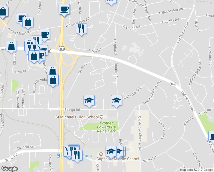 map of restaurants, bars, coffee shops, grocery stores, and more near 440 Brunn School Road in Santa Fe