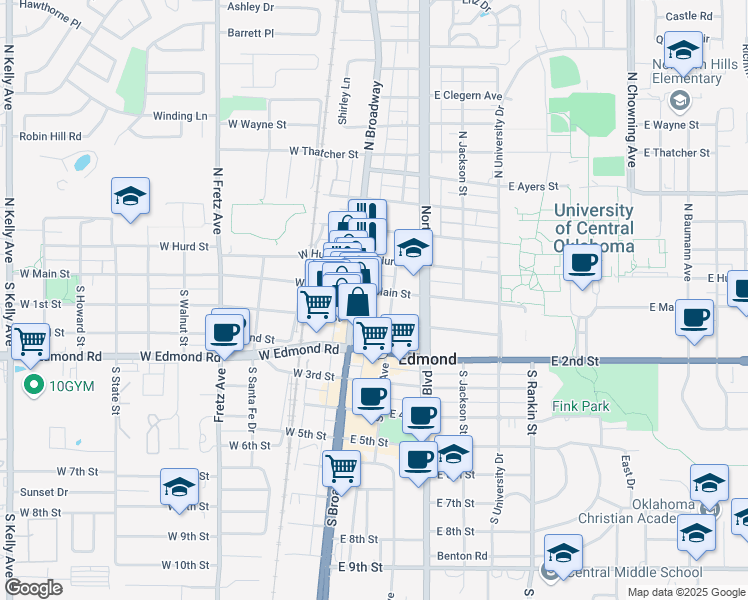 map of restaurants, bars, coffee shops, grocery stores, and more near 16 East Main Street in Edmond