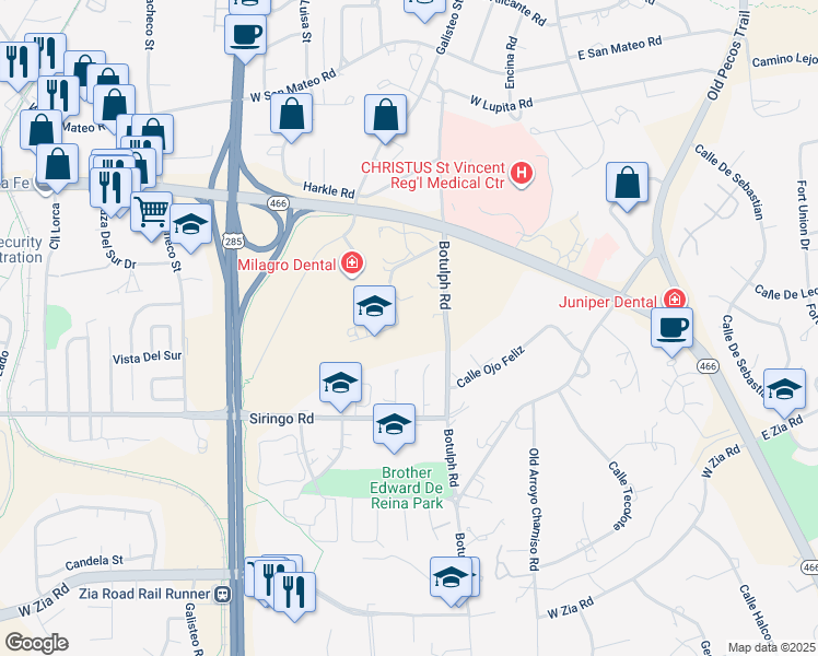 map of restaurants, bars, coffee shops, grocery stores, and more near 440 Brunn School Road in Santa Fe