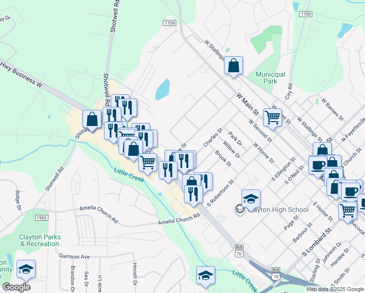 map of restaurants, bars, coffee shops, grocery stores, and more near 20 Sommerset Drive in Clayton