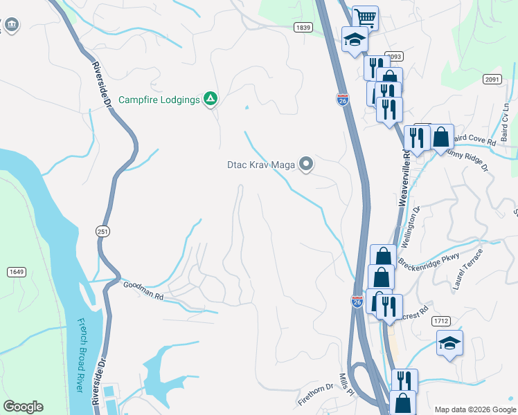map of restaurants, bars, coffee shops, grocery stores, and more near 94 Running Ridge Road in Asheville