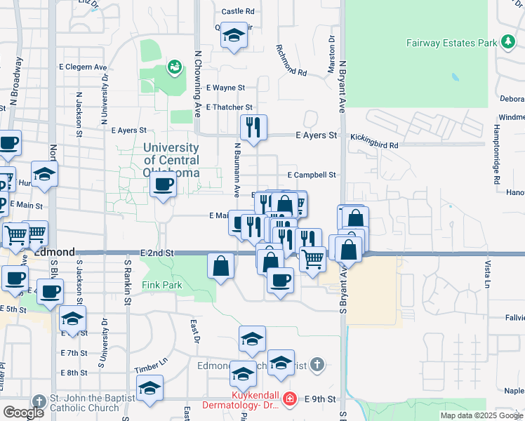 map of restaurants, bars, coffee shops, grocery stores, and more near 1105 East Main Street in Edmond