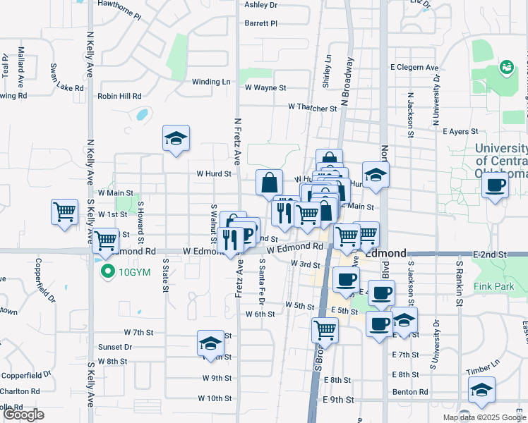 map of restaurants, bars, coffee shops, grocery stores, and more near 129 South Santa Fe Drive in Edmond