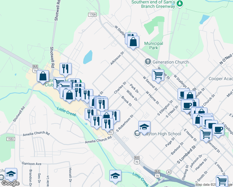 map of restaurants, bars, coffee shops, grocery stores, and more near 601 Charles Street in Clayton