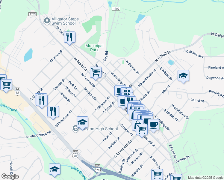 map of restaurants, bars, coffee shops, grocery stores, and more near in Clayton