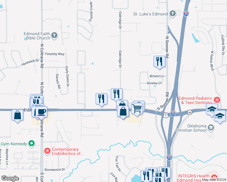 map of restaurants, bars, coffee shops, grocery stores, and more near 3700 Oakridge Circle in Edmond