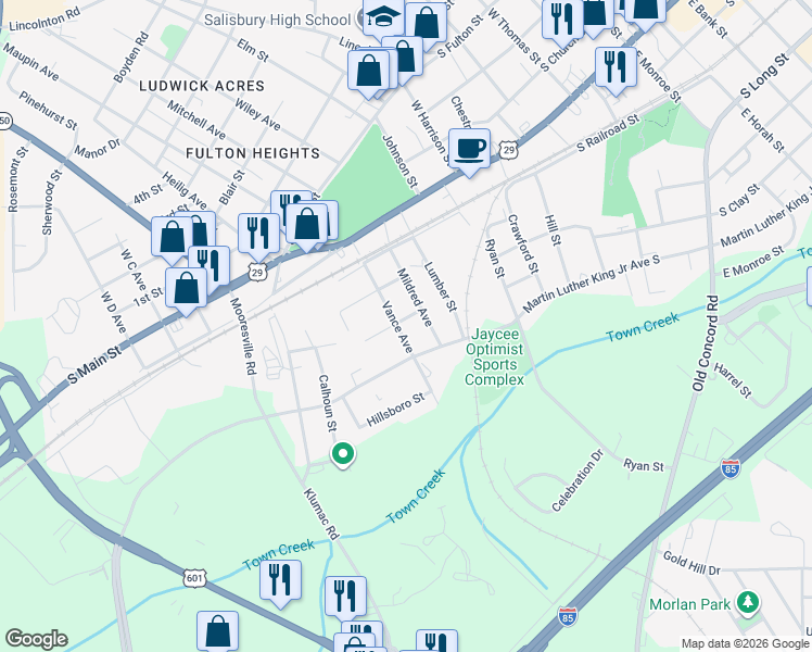 map of restaurants, bars, coffee shops, grocery stores, and more near 411 Mildred Avenue in Salisbury