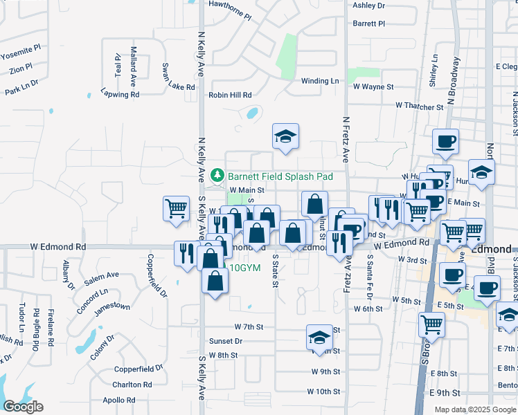 map of restaurants, bars, coffee shops, grocery stores, and more near 621 West 1st Street in Edmond