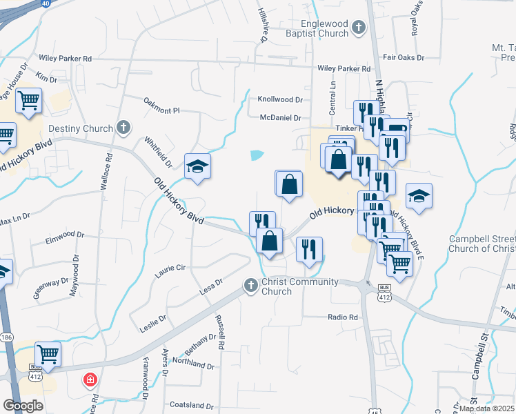 map of restaurants, bars, coffee shops, grocery stores, and more near 189 Old Hickory Boulevard in Jackson