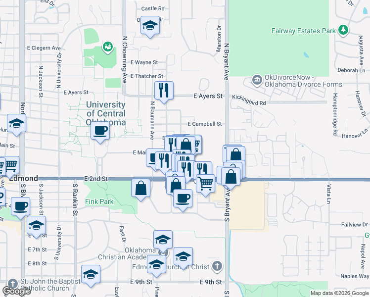 map of restaurants, bars, coffee shops, grocery stores, and more near 1217 East Main Street in Edmond