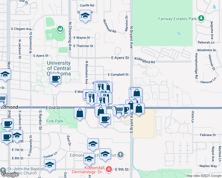 map of restaurants, bars, coffee shops, grocery stores, and more near 1217 East Main Street in Edmond