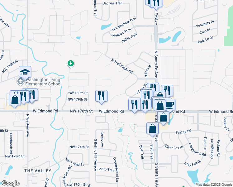 map of restaurants, bars, coffee shops, grocery stores, and more near 2701 Trail Creek Road in Edmond