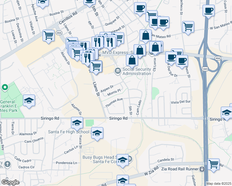 map of restaurants, bars, coffee shops, grocery stores, and more near 1924 Morris Place in Santa Fe
