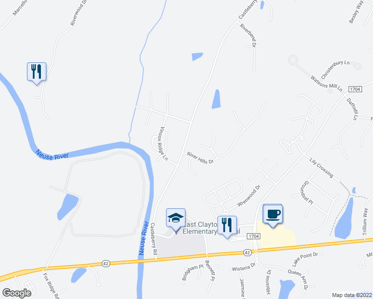 map of restaurants, bars, coffee shops, grocery stores, and more near 101 River Hills Drive in Clayton