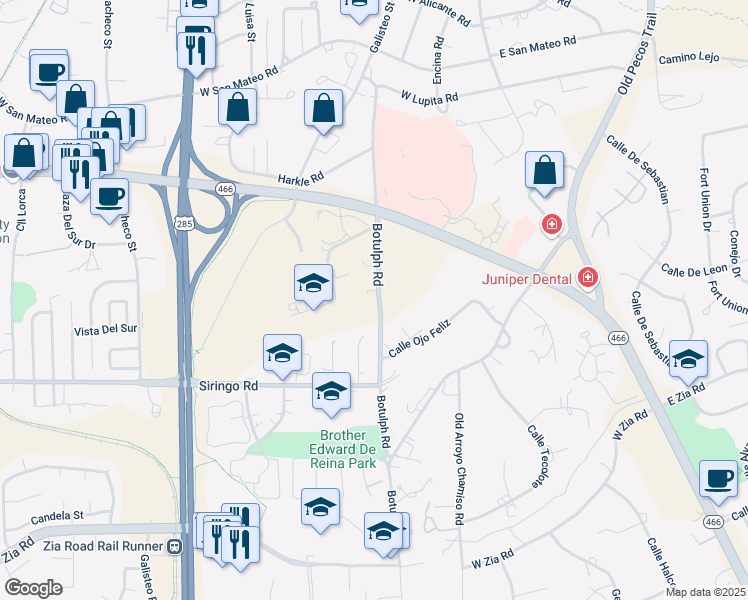 map of restaurants, bars, coffee shops, grocery stores, and more near 400 Kiva Court in Santa Fe