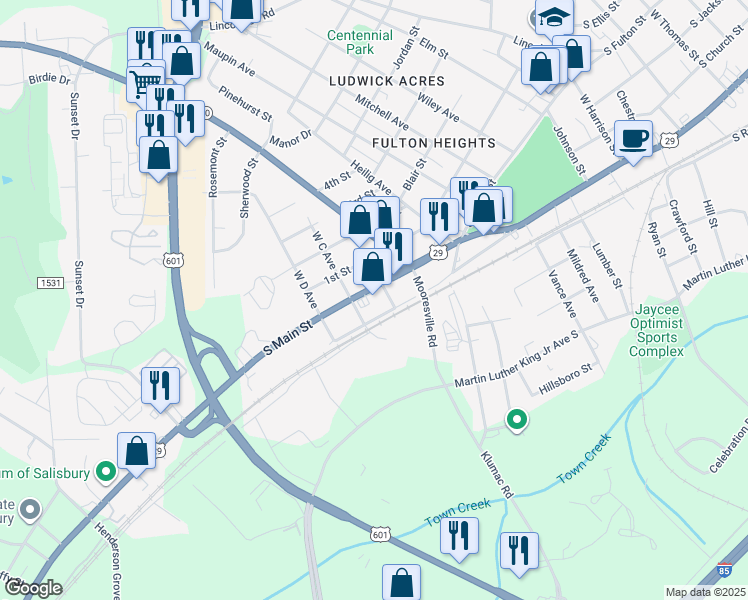 map of restaurants, bars, coffee shops, grocery stores, and more near 1707 South Main Street in Salisbury