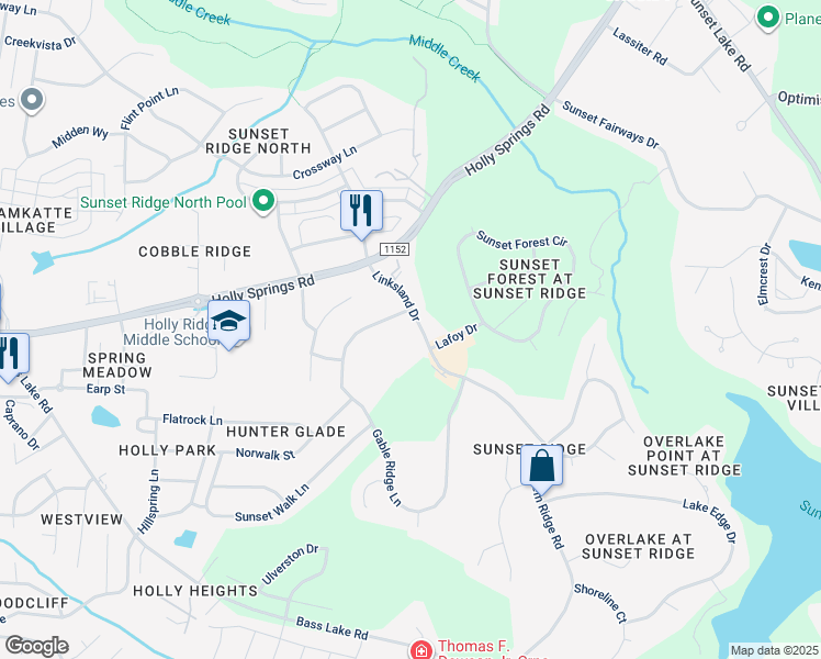 map of restaurants, bars, coffee shops, grocery stores, and more near 5028 Linksland Drive in Holly Springs